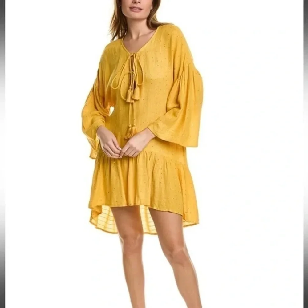 NWT PilyQ Haven Angelica Sequin Tunic XS/S Mustard Yellow Ruffled Swim Coverup